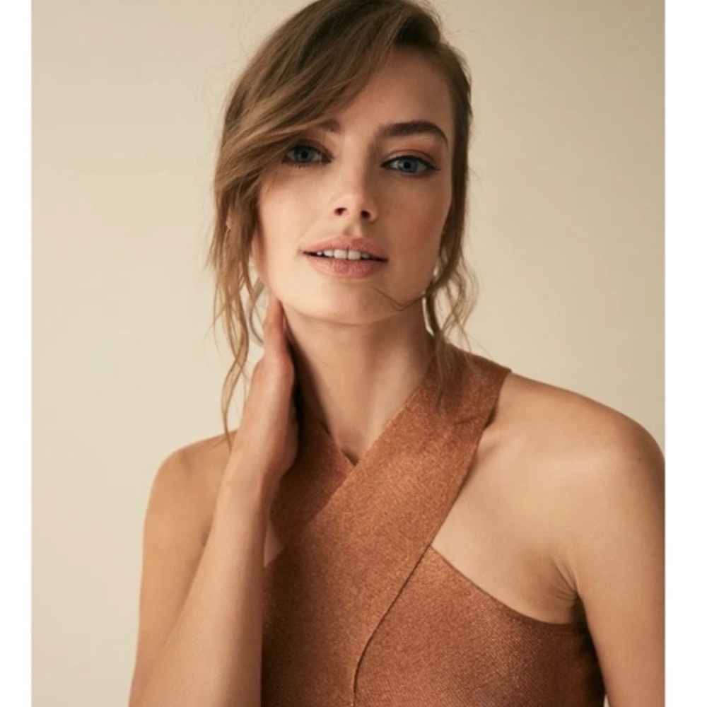 Reiss Metallic Criss cross Halter Neck Shimmer Cocktail Top in copper - Picture 2 of 6